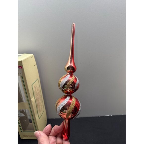 Hand Decorated FADED European Glass Christmas Tree Top Ornament Red & Gold Glitt - Picture 9 of 11